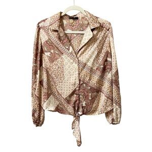 Eclair multicolored mixed media boho paisley pattern silky button up top size M